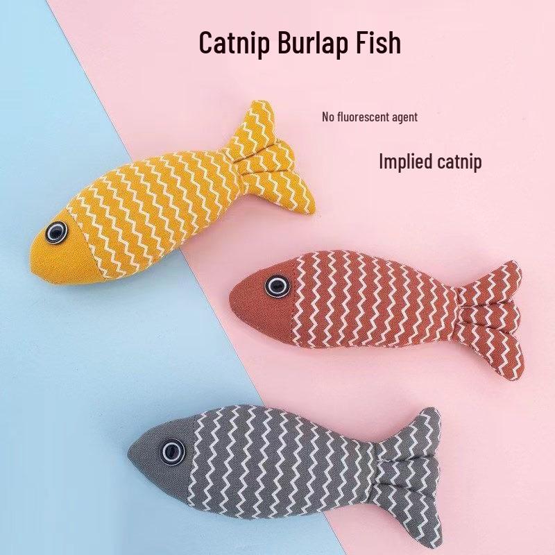 Catnip Burlap Fish Teething Toy and Teaser Stick for Cats