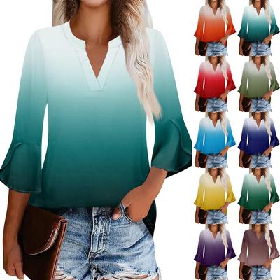 Women'S Work Shirt Pleated 3/4 Sleeve Dress Top V-Neck Shirt Casual Waist Tied Shirt Business Shirt