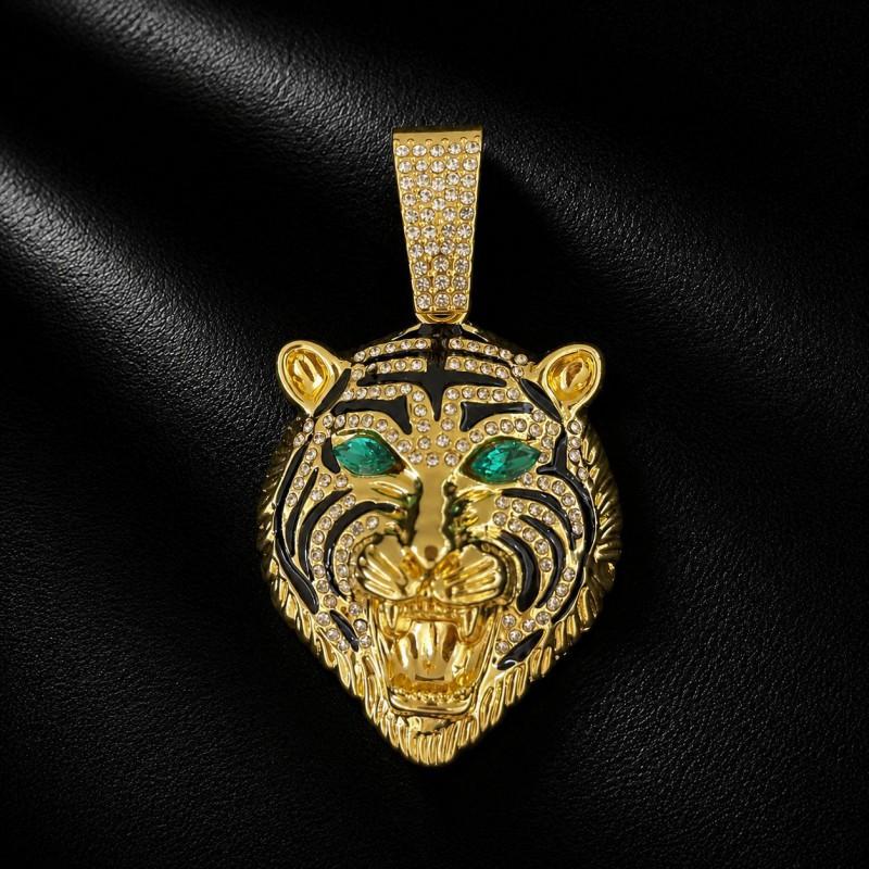 Hip Hop Style Alloy Tiger Pendant With Green Gemstone Eyes Rhinestone Accents Men