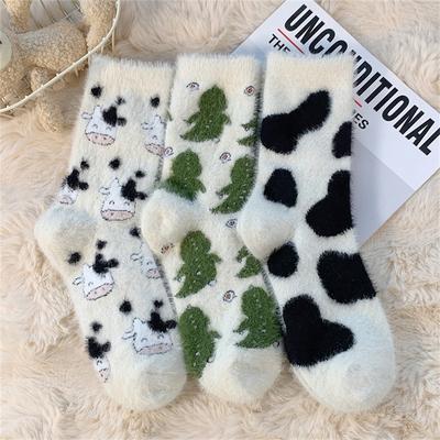Autumn Winter Cute Cow Spots Dinosaur Print Pattern Padded Socks Plush Socks Spotted Plush Thickened Comfortable Mid-Calf Socks