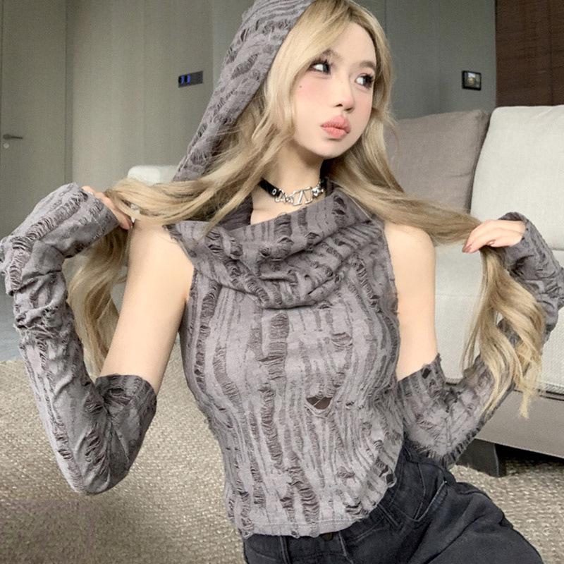 

Стильные женские топы с капюшоном на весну и осень : Футболки с потертостями, безрукавки и модели с коротким рукавом. M