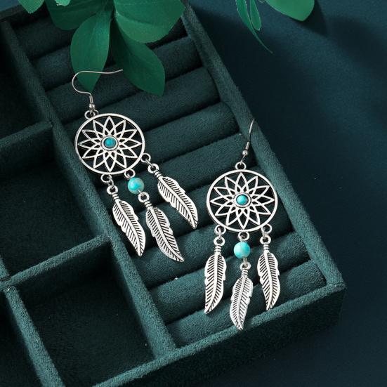 1 Pair Women Hook Earrings Hollow Out Feather Round Shape Retro Bohemian Style Beads Stainless Alloy Ear Decoration Jewelry