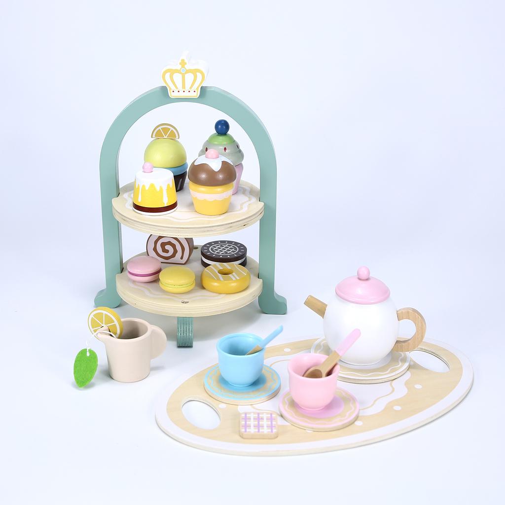 Kids  Children Wooden Toys  Playsets Afternoon Tea Toy Set Cake Ice Cream Tea Time Playset Toddler Pretend Play Kitchen Accessories