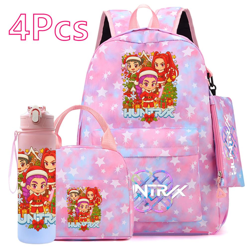4 st/set Jul K-POP Tryckt Ryggsäck Handväska Pennskrin 750 ml Vattenflaska för Tonåring Pojke Flicka Bokväska Skolväska Med Drickmugg Barnpresent