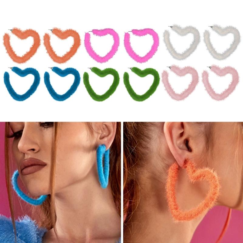 Plush Heart Hoop Earrings Exaggerated Dangle Earrings Fashion Piercing Earrings Punk Ear Stud Simple Jewelry Gift