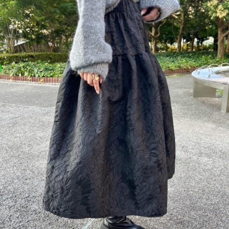 Korean Fashion Autumn Winter Women Jacquard Skirt High Waist Floral Ball Gown Skirt Elegant Feminine Chic Midi Skirts Womens