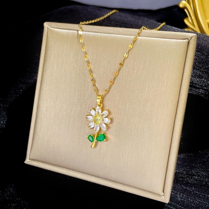 Gold Plated Sunflower Necklace for Women Jewelry Stainless Steel Zircon Big Pendant Necklace Luxury Choker Korea Style