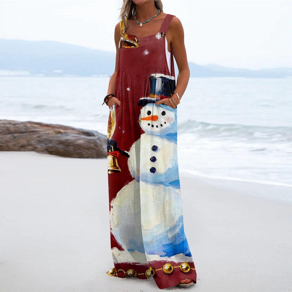 Women's Christmas Print Solid Wide Leg Strapless Tank Pocket Casual Onesie