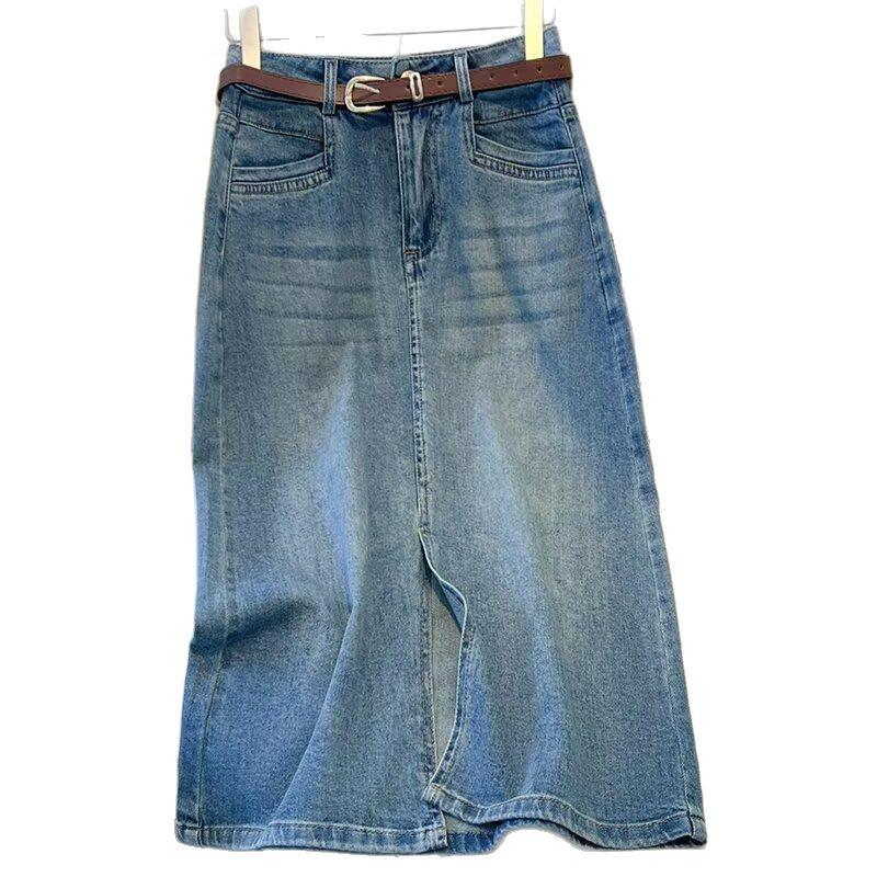 2025 Spring/Summer Front Slit High Waist Denim Midi Skirt - Light Blue, Retro Versatile