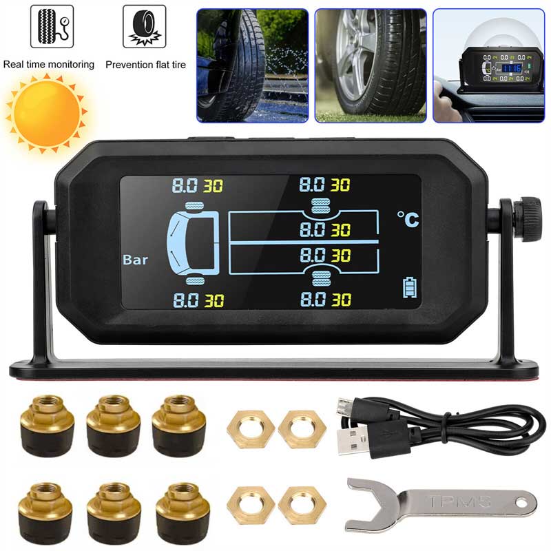 Wireless Car Tpms Tire Pressure Sensors Solar Tire Pressure Monitoring System Temperature Alarm 6 Wheel Tyre External Sensor