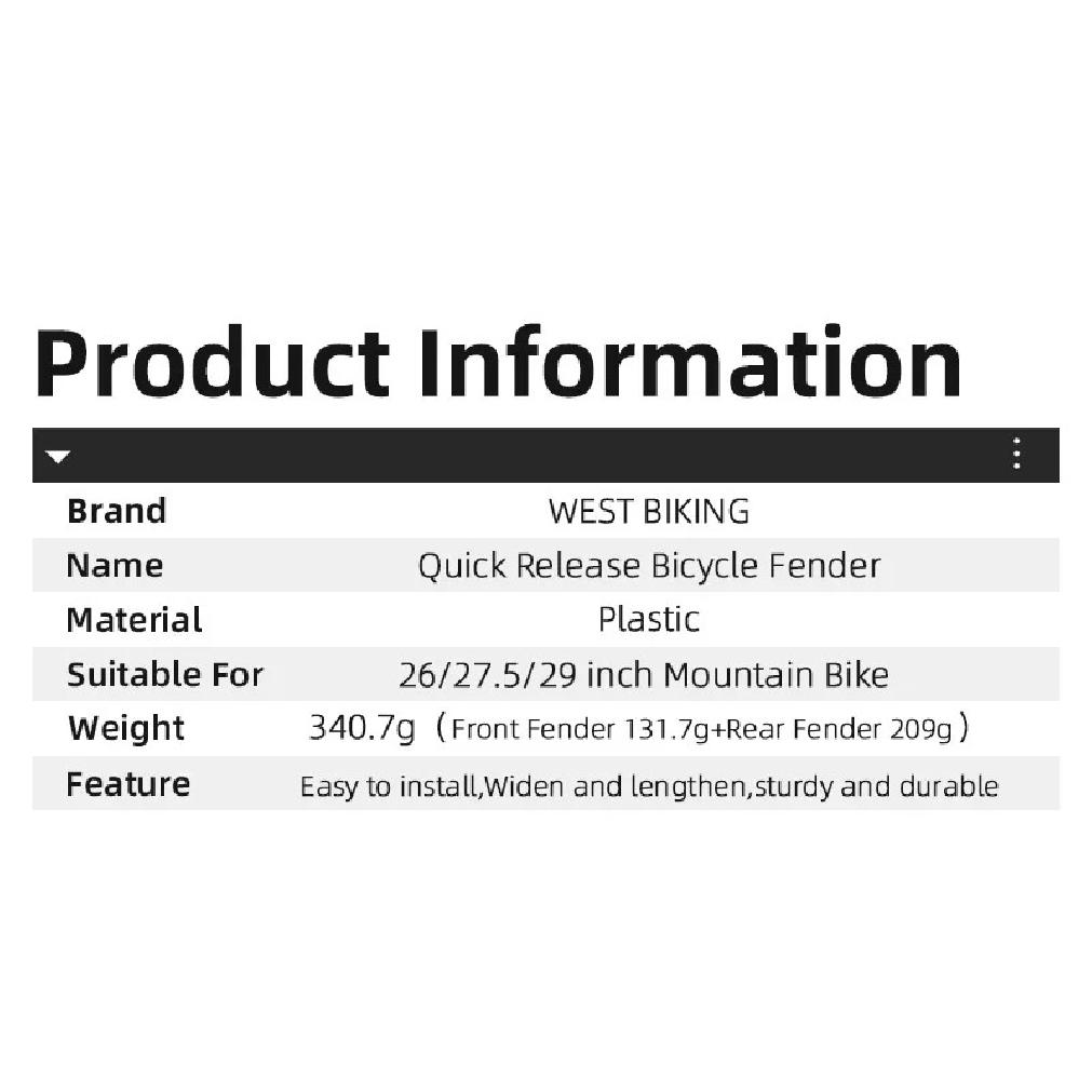 WEST BIKING Mountain Bike Fender Set Universal 29 Inch MTB Mudguard Adjustable Front and Rear Mud Flaps Bicycle Mud Protector