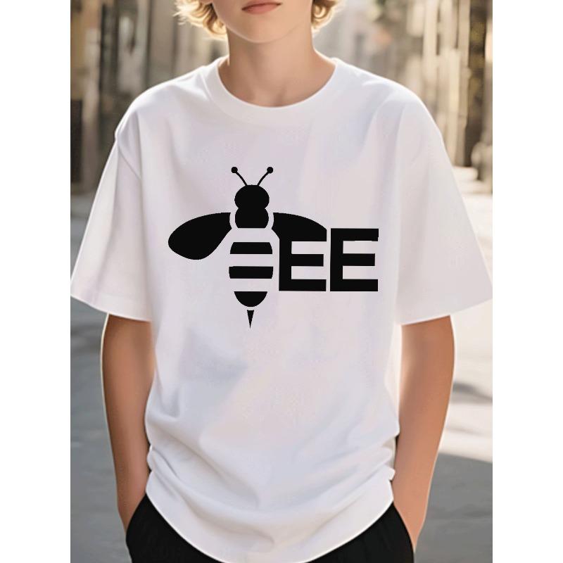 European sizes Round Neck Boys Clothing Casual Trendy Bee Graphic T - Shirt with Black Bee Silhouette and EE Letters Pattern Kids 110