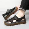 Men Outdoor Hiking Sandals Black Leather Closed Toe Grey Beach Shoes Wide Handmade Sandals Large Size for Father