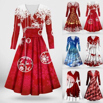 Lässiges und modisches, weihnachtlich bedrucktes, langärmliges, sexy Kleid mit V-Ausschnitt für Damen