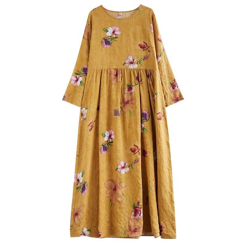 

Бавовняна білизна. Відпустка. Сукні максі. Весна. Осінь. Святкові подорожі. Вінтаж. Жіноча сукня з круглим вирізом і довгими рукавами. XXL жовтий