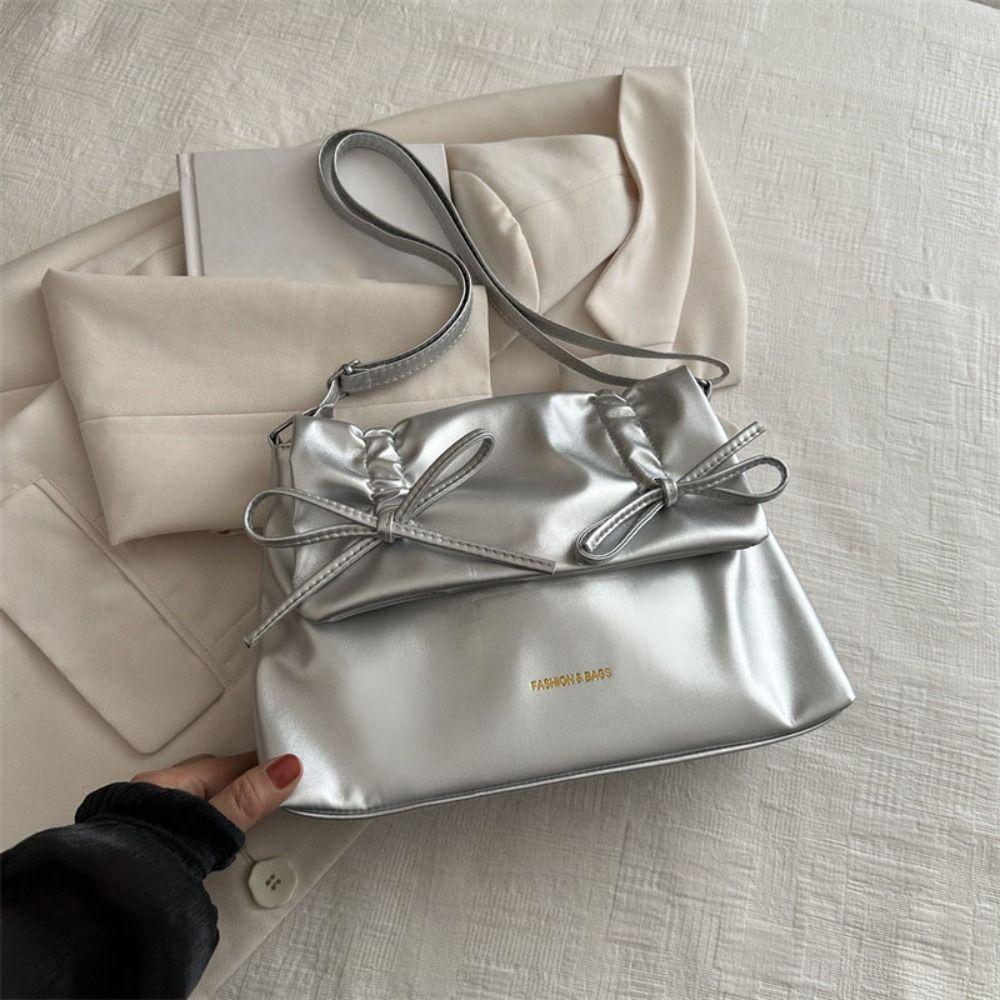 Sweet Y2K Bow Underarm bag Large Capacity Solid Tote Bag Ins PU Leather Shoulder Bag  Women