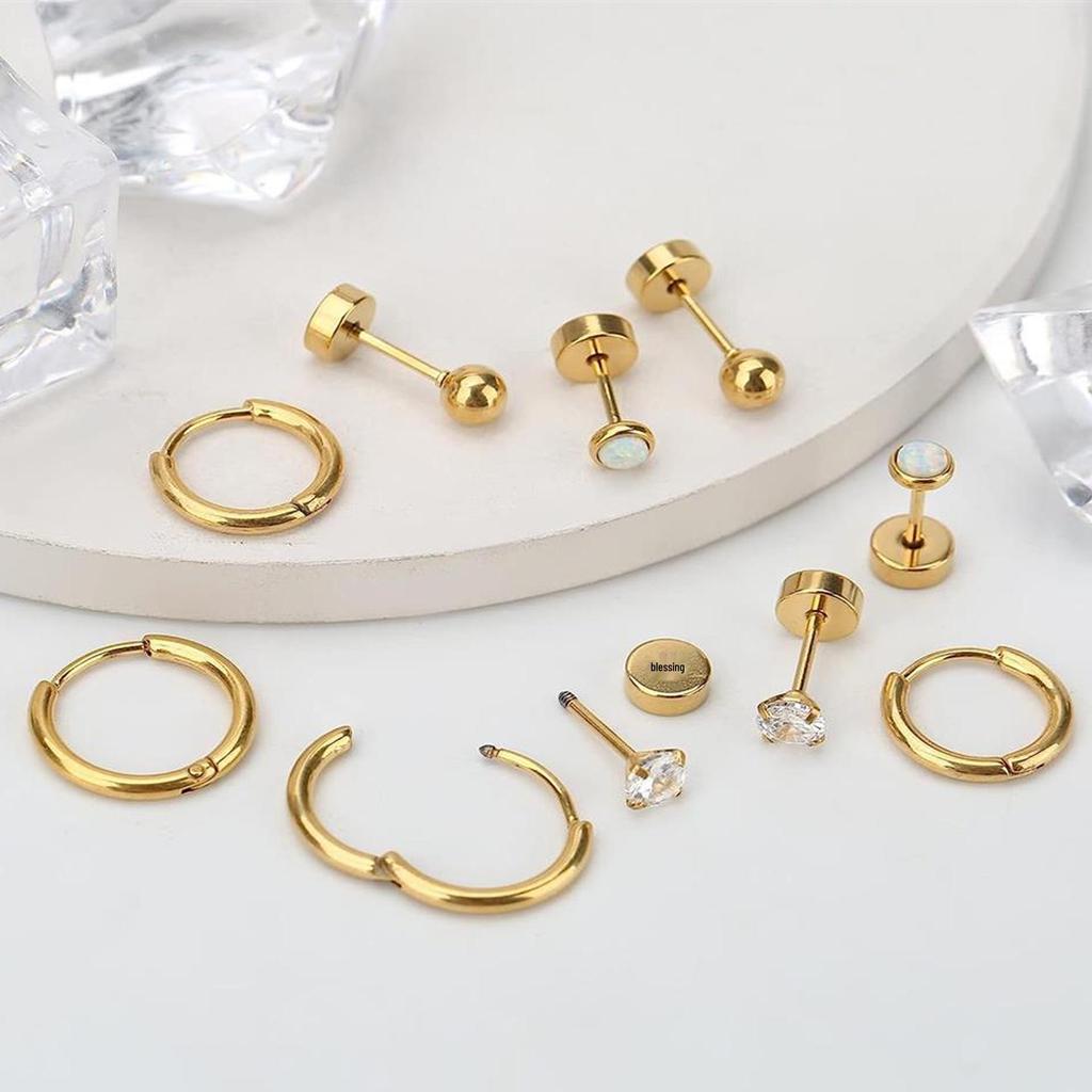 Stainless Steel Zircon Stud & Round Wire Earrings Set with Vacuum Electroplating Finish