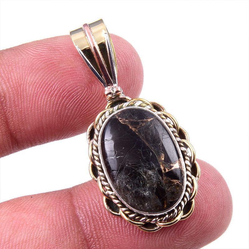 

Natural Black Copper Turquoise 925 Solid Silver Gift TwoTone Pendant 1.25 n6W65