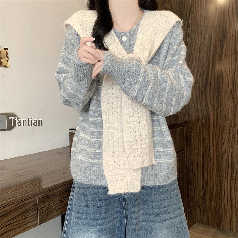 Women's Striped Knit Cardigan: Loose Fit, Round Neck Shawl, Autumn/Winter Korean Style Sweater
