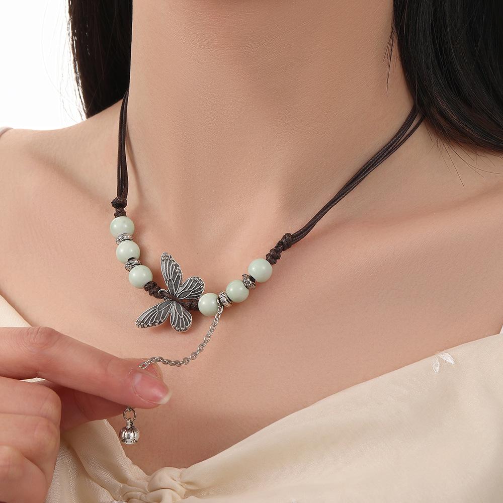 Ethnic style ceramic sweater chain women's pendant literary Chinese style butterfly accessories necklace women's wholesale exquisite pendant