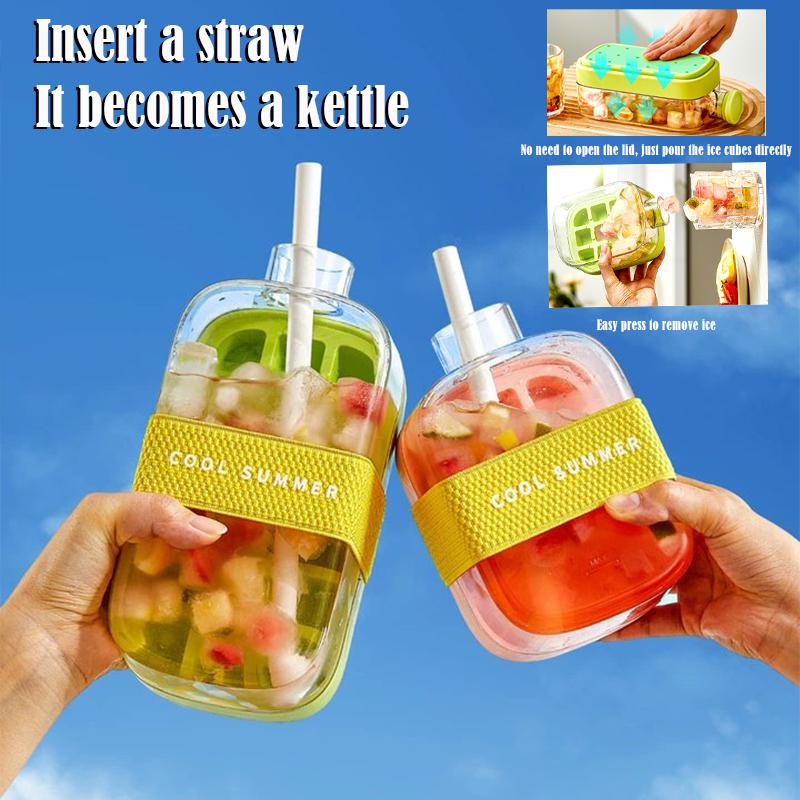 2-in-1 Ice Cube Tray Water Bottle Press Ice Cube Maker Portable Ice Maker Ice Kettle with Lid Ice Making Straw Ice Mould