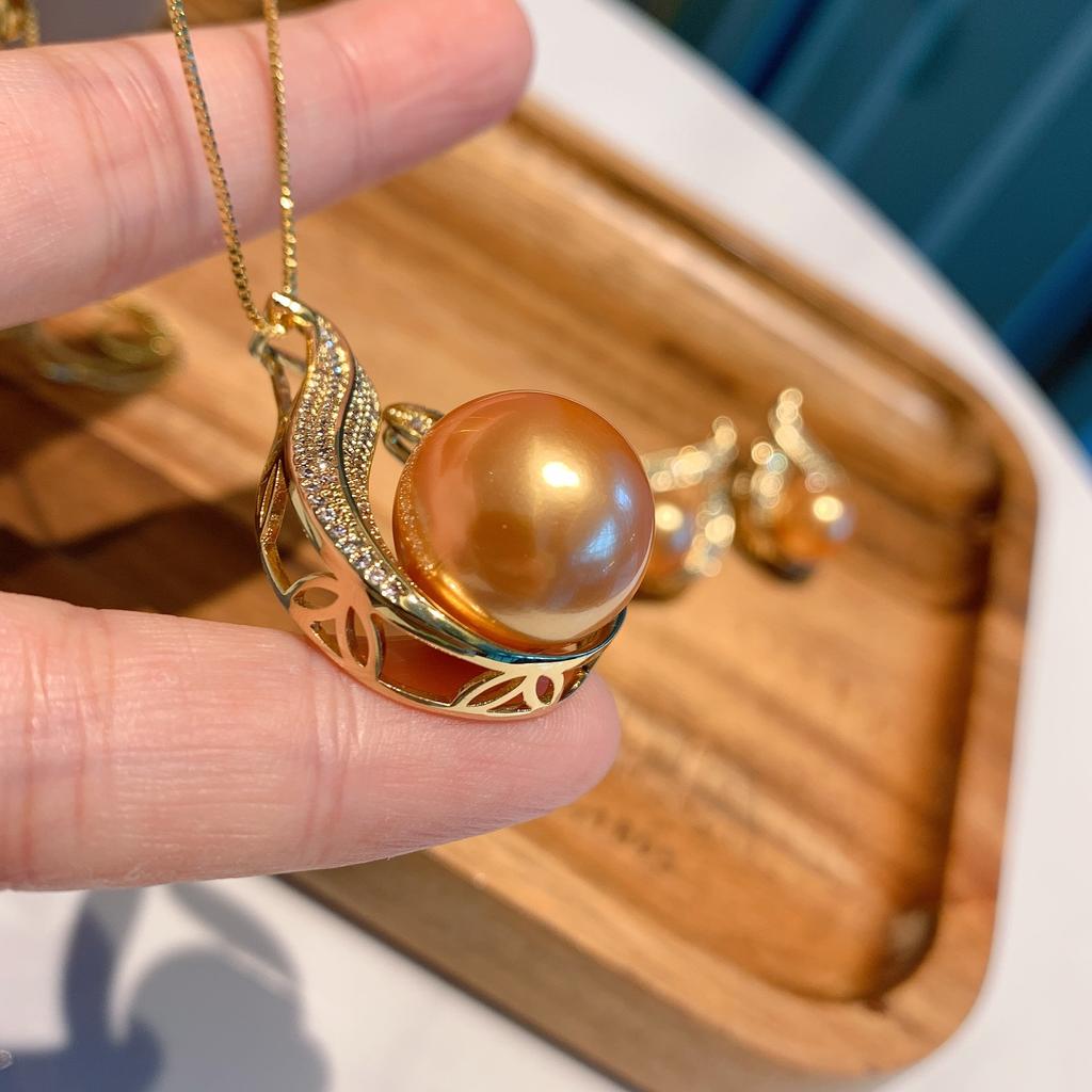 Douyin S925 Stříbrná jehla Tmavě žlutá Náhrdelník s fritillary korálky Náušnice Dvoudílná sada šperků na svatební večeři