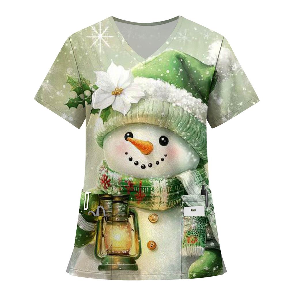 Women's Fashion Printed Short Sleeve V Neck Pattern Tops Pocket Working T-shirts