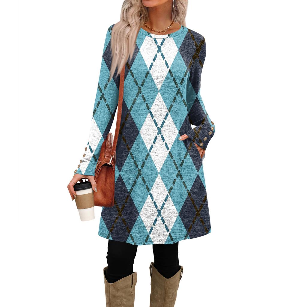 Damenmode Freizeitkleid mit Taschen, dekorativen Knöpfen, Rundhalsausschnitt und langen Ärmeln