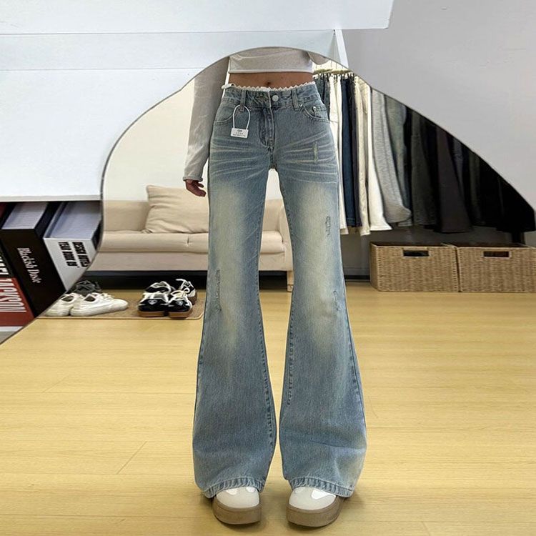 

Удобные джинсы с кружевной вставкой в форме подковы, женские, на год, большого размера, с низкой посадкой, облегающие, узкие, расклешенные от колена, джинсы для женщин, длинные джинсовые брюки M