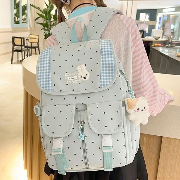 Schoolbag Korean Soft Cute Polka Dot Plaid Rabbit Backpack Cream Color Fresh College Style Junior High School Student Backpack