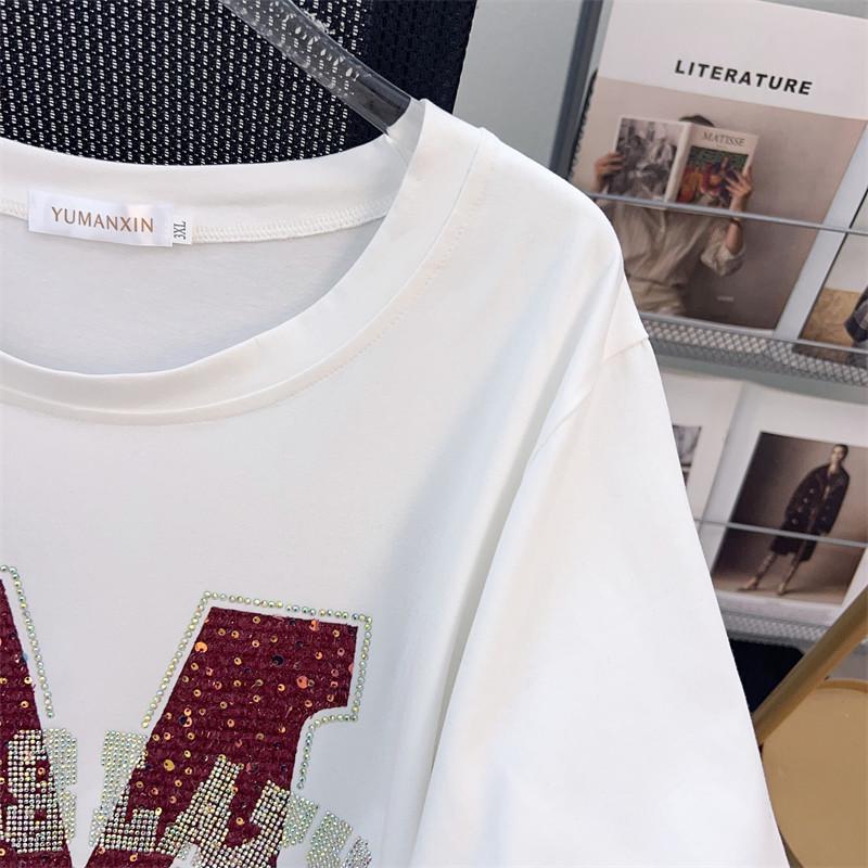 Women's Plus Size Loose Fit Round Neck Short-Sleeve T-Shirt, Mid-Length Style (200/300/350 Jin)