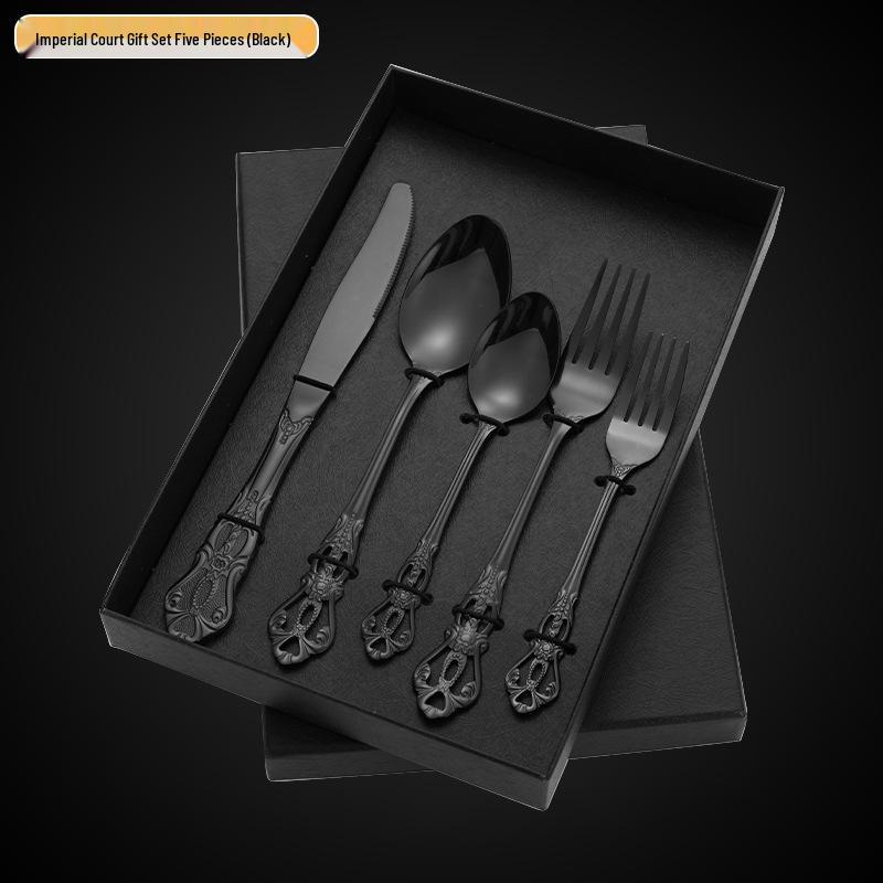 Royal Court 5-Piece Cutlery Set: Vintage Titanium-Plated Gold Stainless Steel Knife, Fork & Spoon with Embossed Hollow Design.
