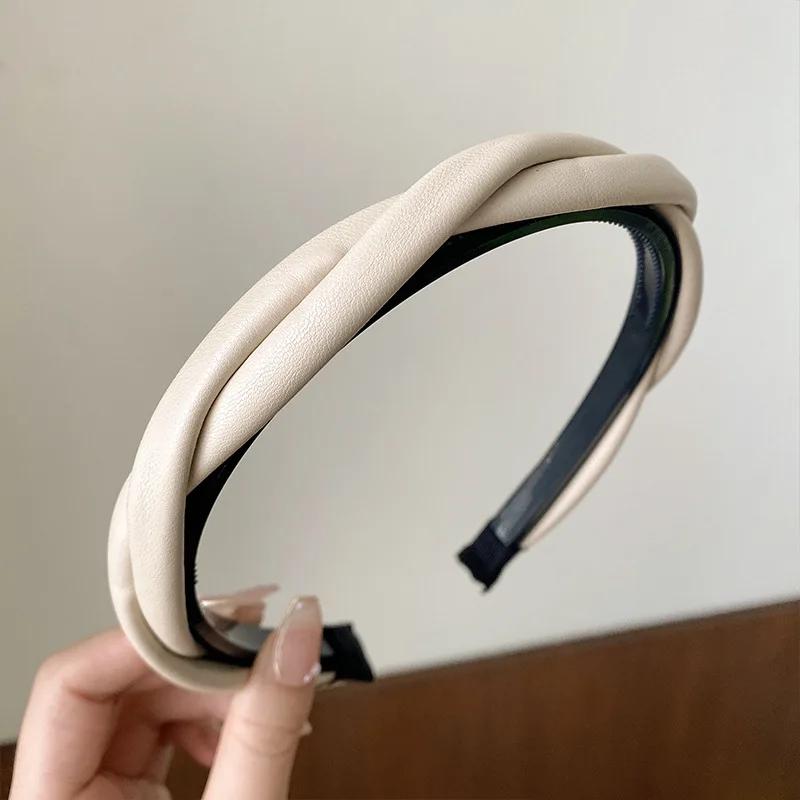 PU Leather Women Headband Simple Cross Twisted Head Hoop Imitation Thin Hair Hoop Non-slip Hairbands With Teeth Hair Accessories
