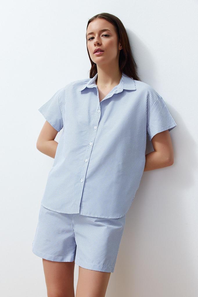 Women's Style Pajama Set Blue Cotton Striped Woven Pajama Set