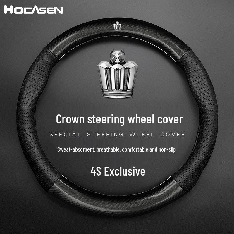 Compatible Genuine Leather Steering Wheel Cover for Crown Models (12th-14th Gen, 2005-2021) - Carbon Fiber Design