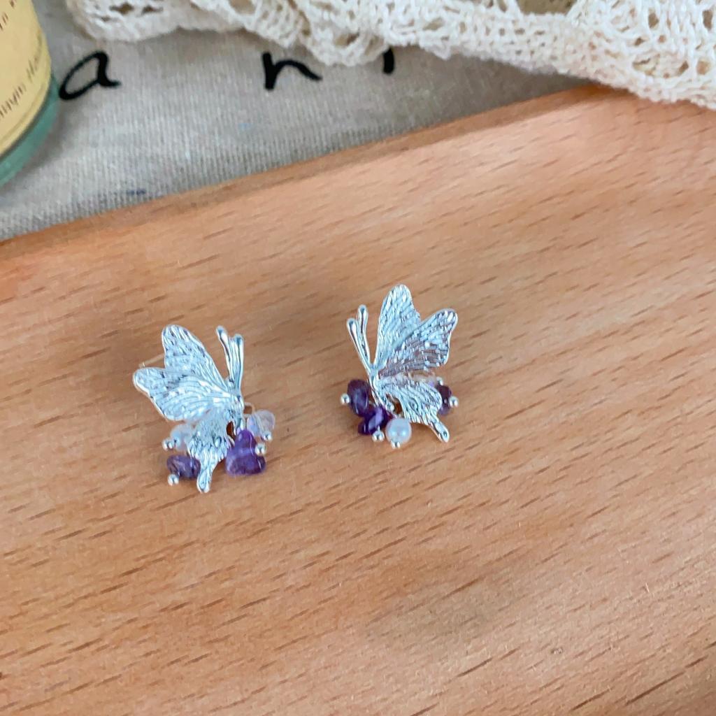 Niche Light‑Luxury Stud Earrings Silver‑Tone Butterfly Crystal Beaded High‑End Versatile Decor Earrings