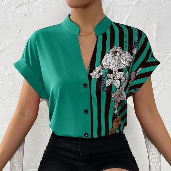 Damen Sommerhemd Lässig Blumendruck Asymmetrischer Streifen Kurzarm Pendeln Stehkragen Einreihig Sommerbluse Damenbekleidung