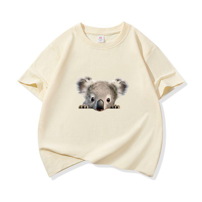 Bawełniany T-shirt dla dzieci Uroczy nadruk z wyłaniającym się koalą Okrągły dekolt Krótki rękaw Koszulka Casual Oddychająca Chłopcy Dziewczynki Letnie Topy