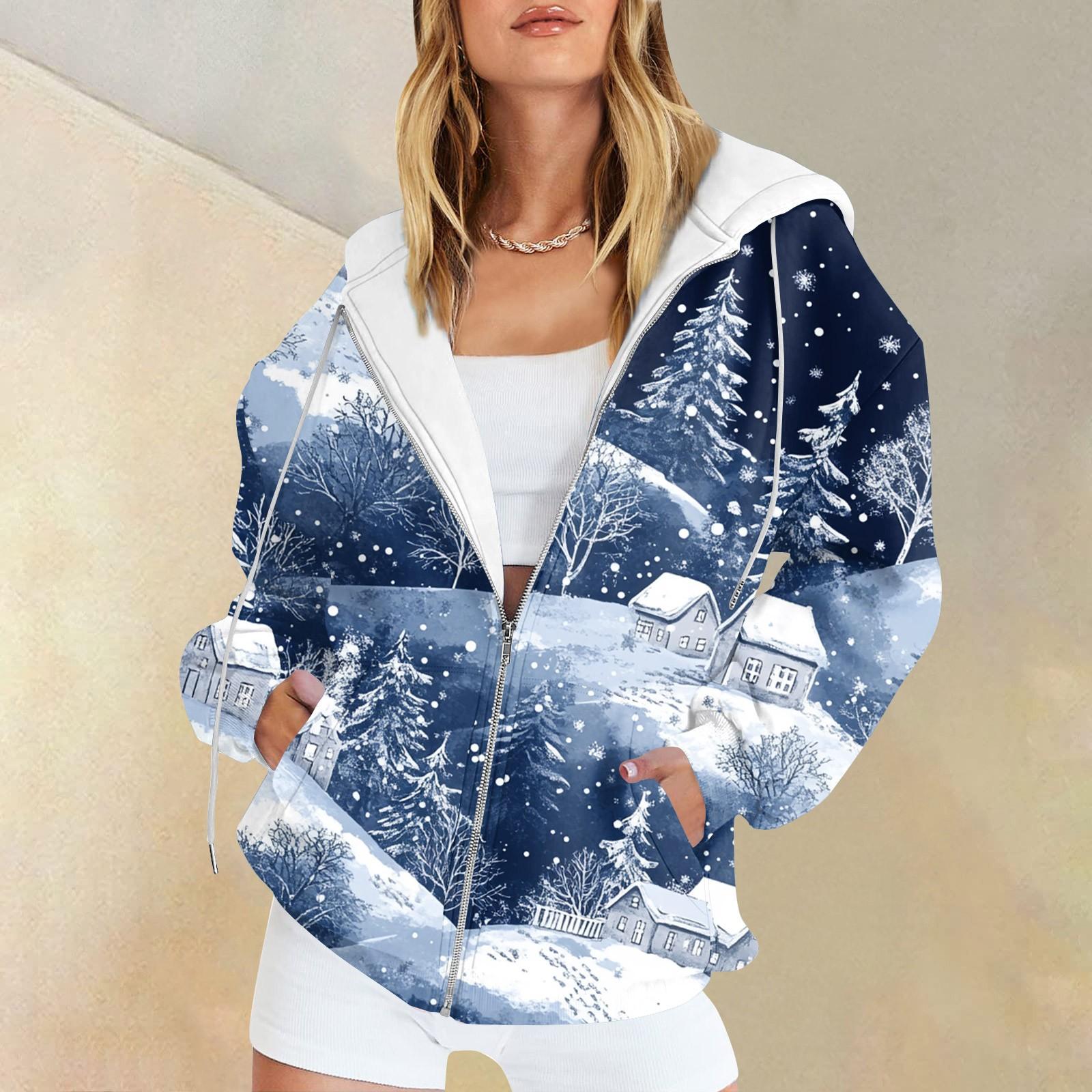 

Жіночий різдвяний світшот з принтом, зимовий кардиган з довгим рукавом, куртка з кишенями, худі на блискавці, верхній одяг XXL Кіновар