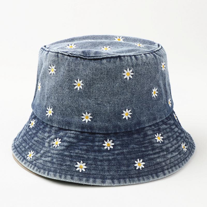 Vintage Washed Distressed Daisy Embroidery Bucket Hat Fisherman Cap - Casual, Relaxed Fit, Summer Fashion Accessory for Women