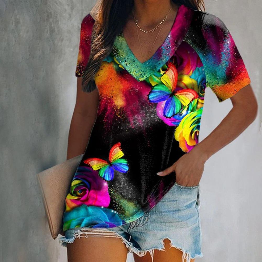 Summer Colorful Floral 3d Printing T-shirt Women's V-neck Short-sleeved T-shirt Top T-shirt