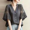 Vintage Shirts Summer Lace Crochet Blouse Women Lapel Neck Half Sleeve Tops Embroidered Femme Causal Work Shirt