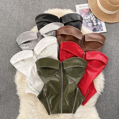 Strapless PU Leather Short Tank Top Fashion Zipper Design Slim Chic Backless Camis Ladies Streetwear Club Sexy Top