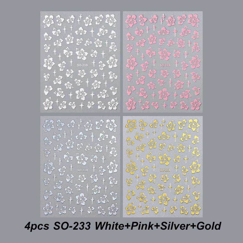 

4pcs Hibiscus Flower Nail Art Sticker 3D White Pink Floral Decal Y2K Gold Silver Petal DIY Romantic Self-Adhesive Manicure Decor 4pcs SO-233 Mixed
