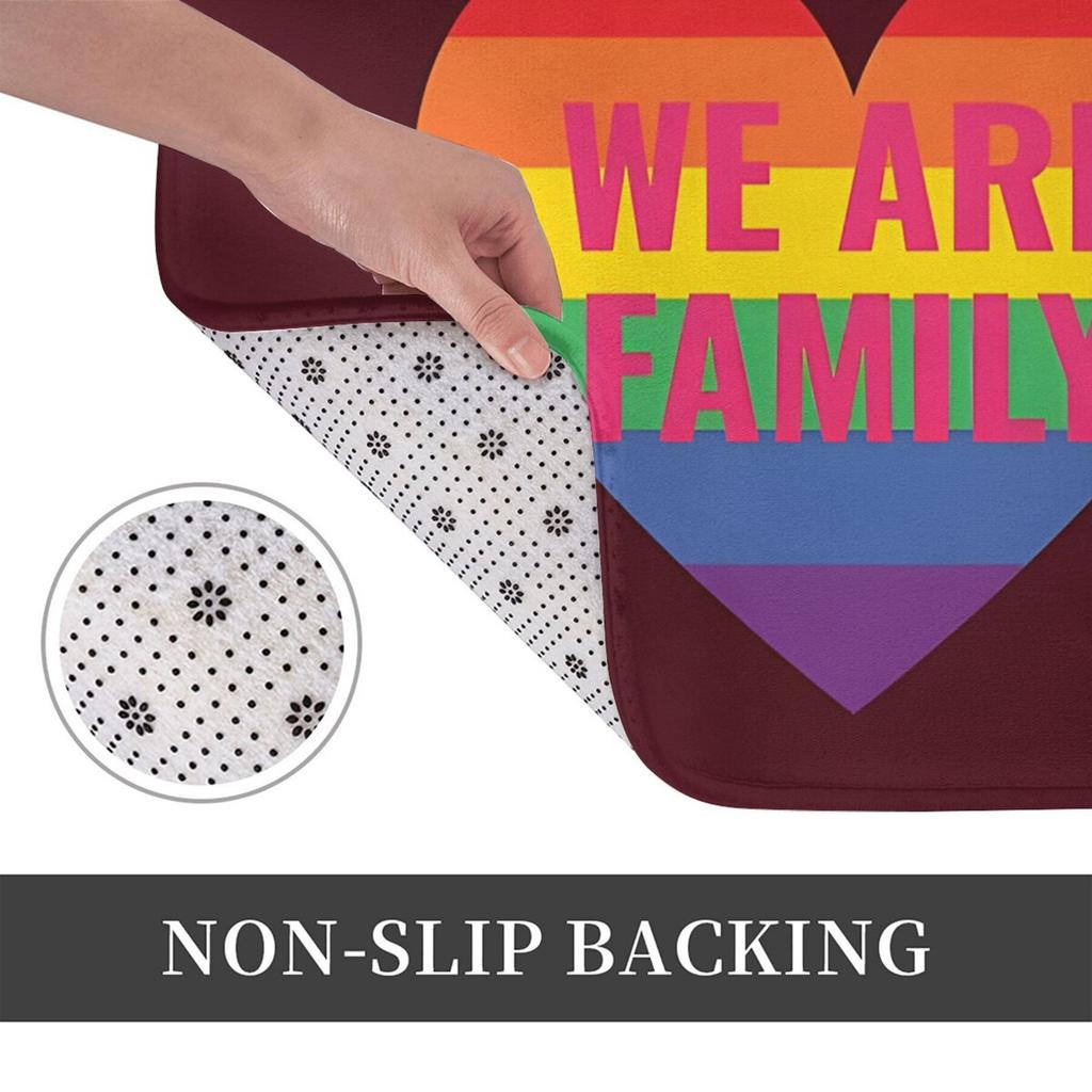 Rainbow Heart "We Are Family" Doormat, Inclusive Pride Design Floor RugMachine Washable Polyester for Entryway Living Room