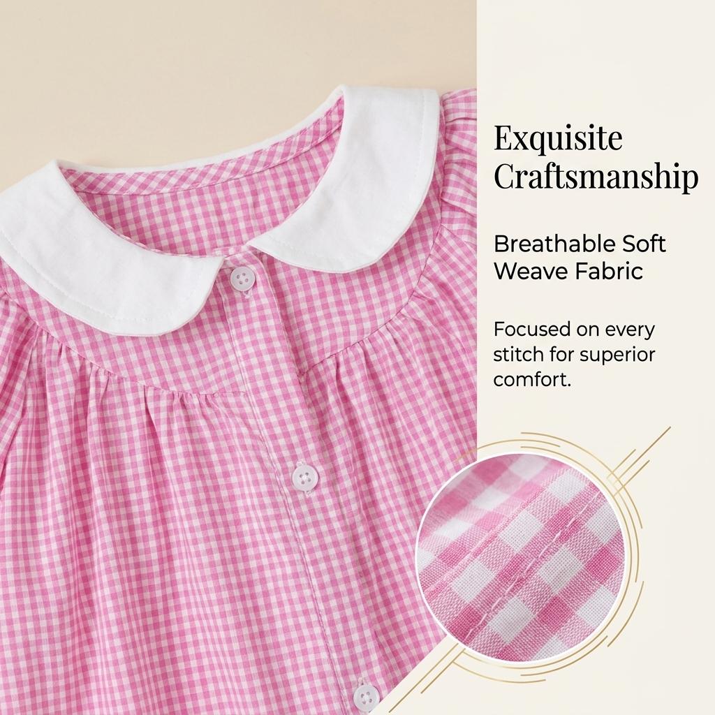 Children'S College-Style Fashionable Plaid Short-Sleeve Woven Cotton Summer Dress