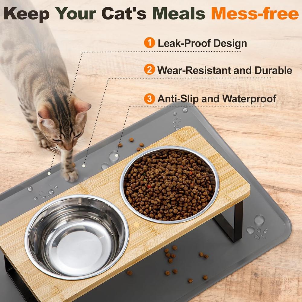Elevated Cat Bowls with Food Mat 15° Tilted Stand Anti Vomiting Raised Cat Dishes with Silicone Pad for Food and Water for Cats