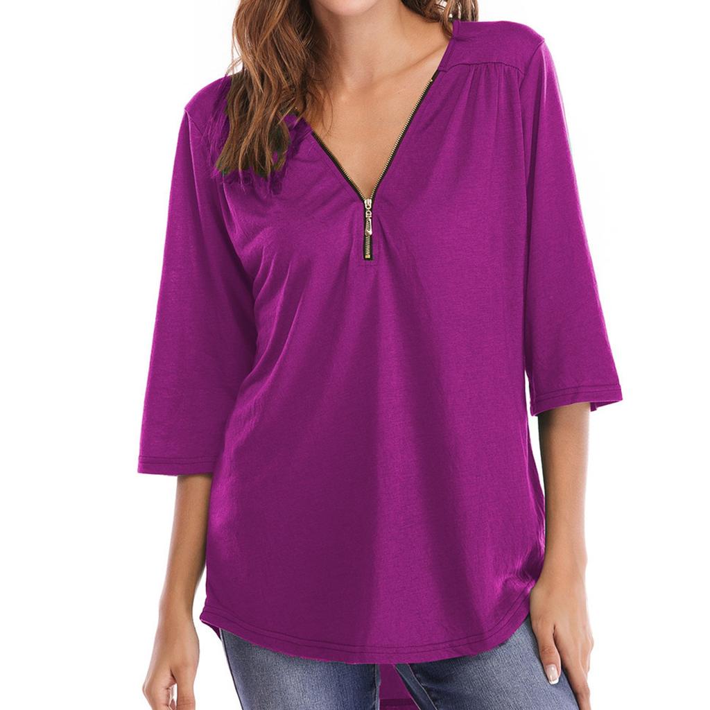 Ladies' Loose Comfortable Casual And Fashionable Pleated Zipper Loose Half Sleeved T-shirt Top