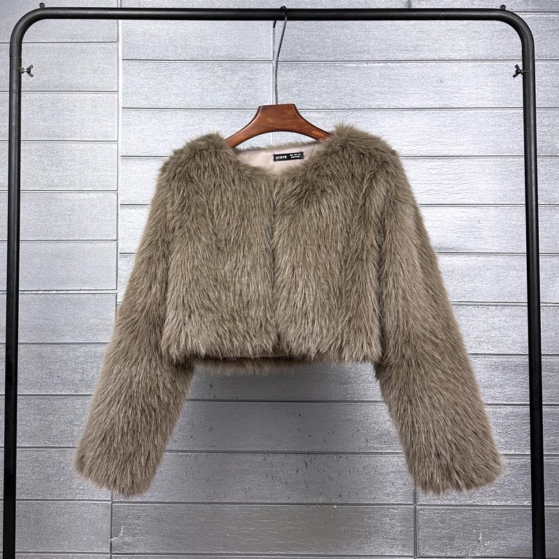 Palton Scurt de Damă Stil Coreean din Blană Faux Toscana - Culoare Solidă