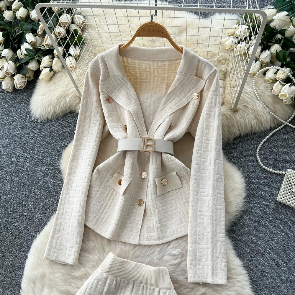 Autumn Winter Women Designer Knitted Sweater Two Piece Set Blazer Collar Cardigans Coat and Long Maxi Sheath Skirt Outfits With Belt